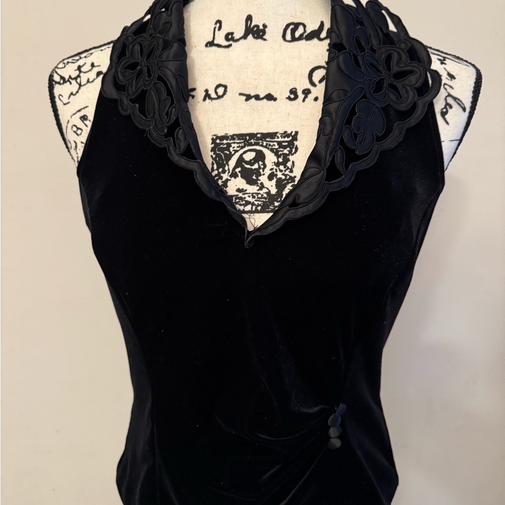 Patra Black Velvet Halter Camisole with Floral Trim